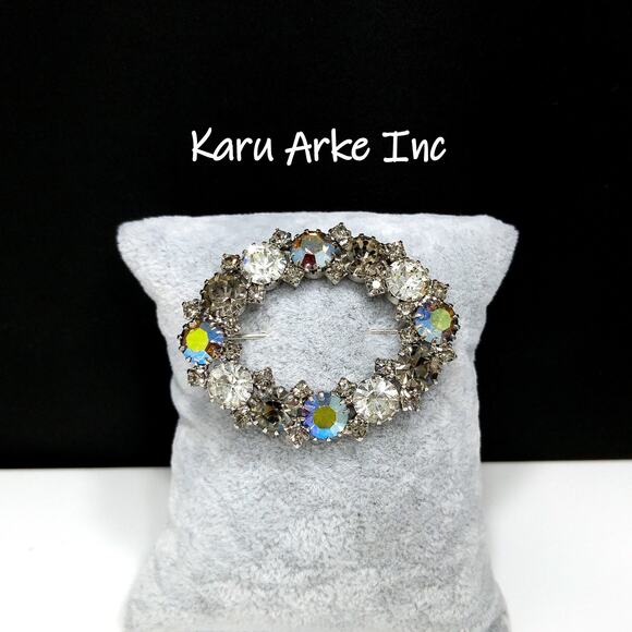 Karu Arke Aurora Borealis Brooch, Clear AB Black Diamond Rhinestones, 1950s - Picture 1 of 10